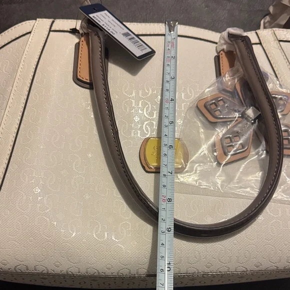 NWT GUESS White, Gray and Tan Tote Bag With Plastic Still On Hardware Plus Charm - Picture 13 of 14